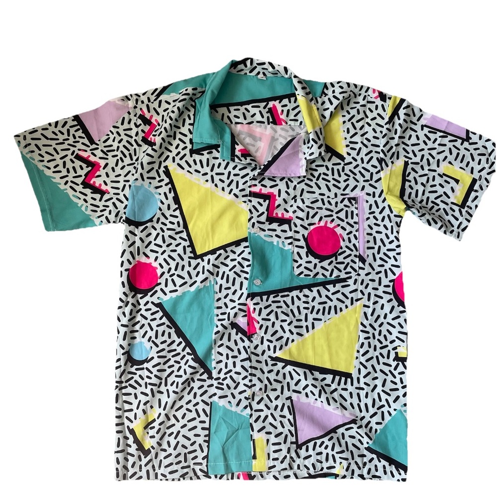 Men Medium Shirt Button Down Retro Memphis 90s 80s Multi Print Music Festival